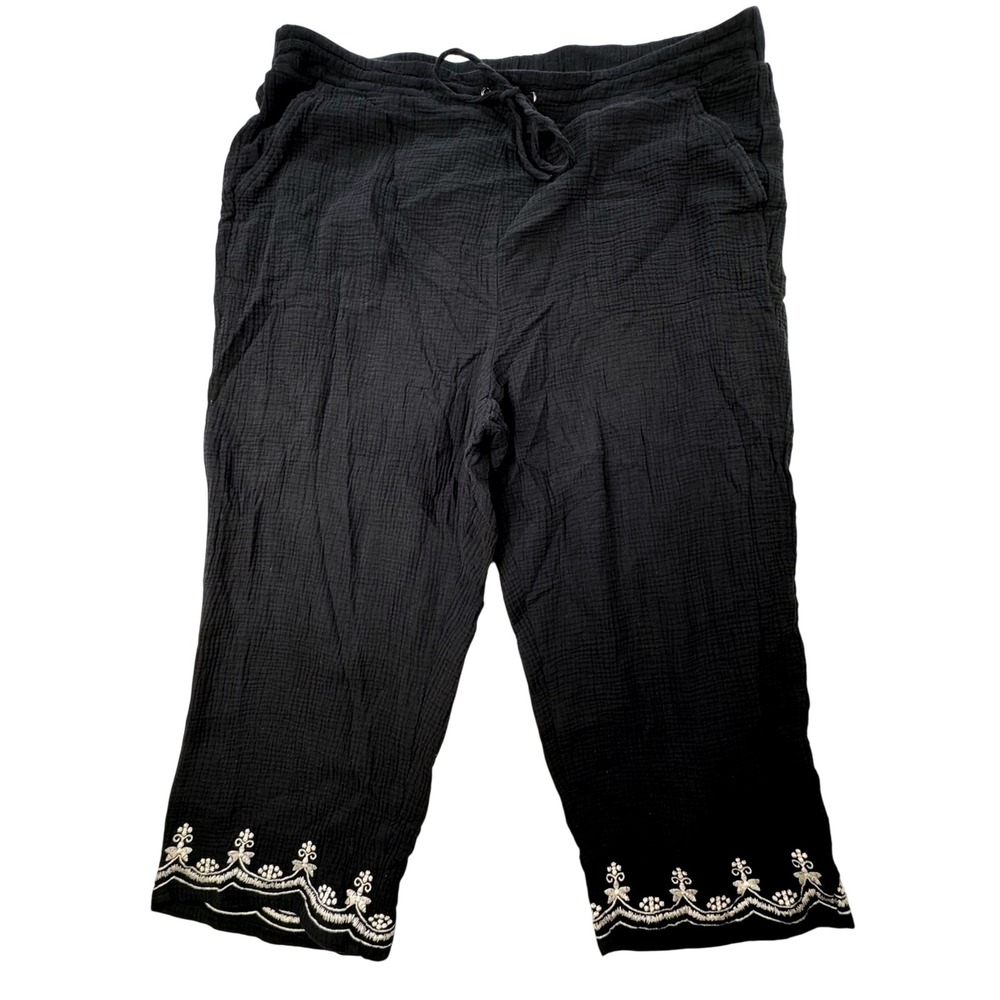 Cynthia Rowley Crop Pants Women 3X Black Cotton Gauze Embroidered Boho Coastal
